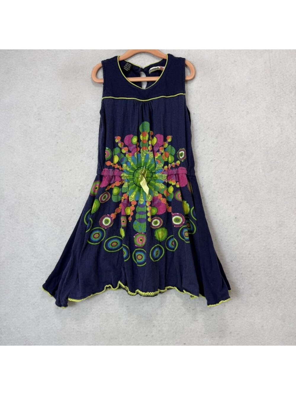 Desigual Dress Girls 9/10 Blue Sleeveless Fit Flare Graphic Print Bow Casual